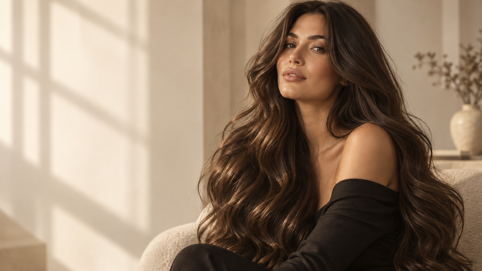Editorial Beauty Look mit langem, dunkelbraunem Haar